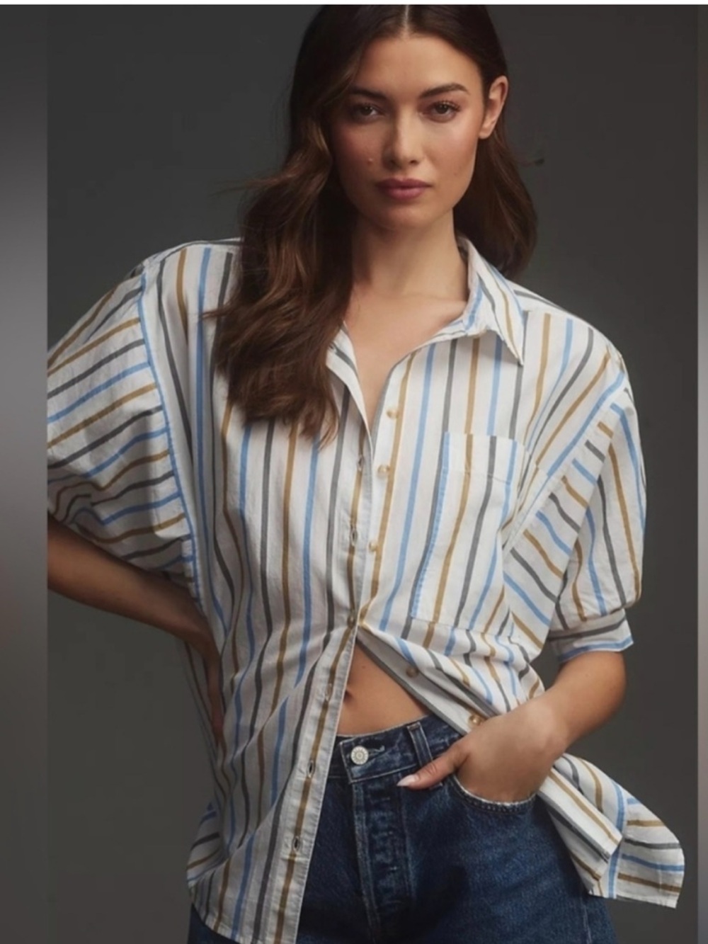Pilcro Painter Buttondown Shirt Stripes Balloon Sleeves 100% Cotton, size M